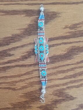 Tibetan Silver Turquoise & Coral Bracelet